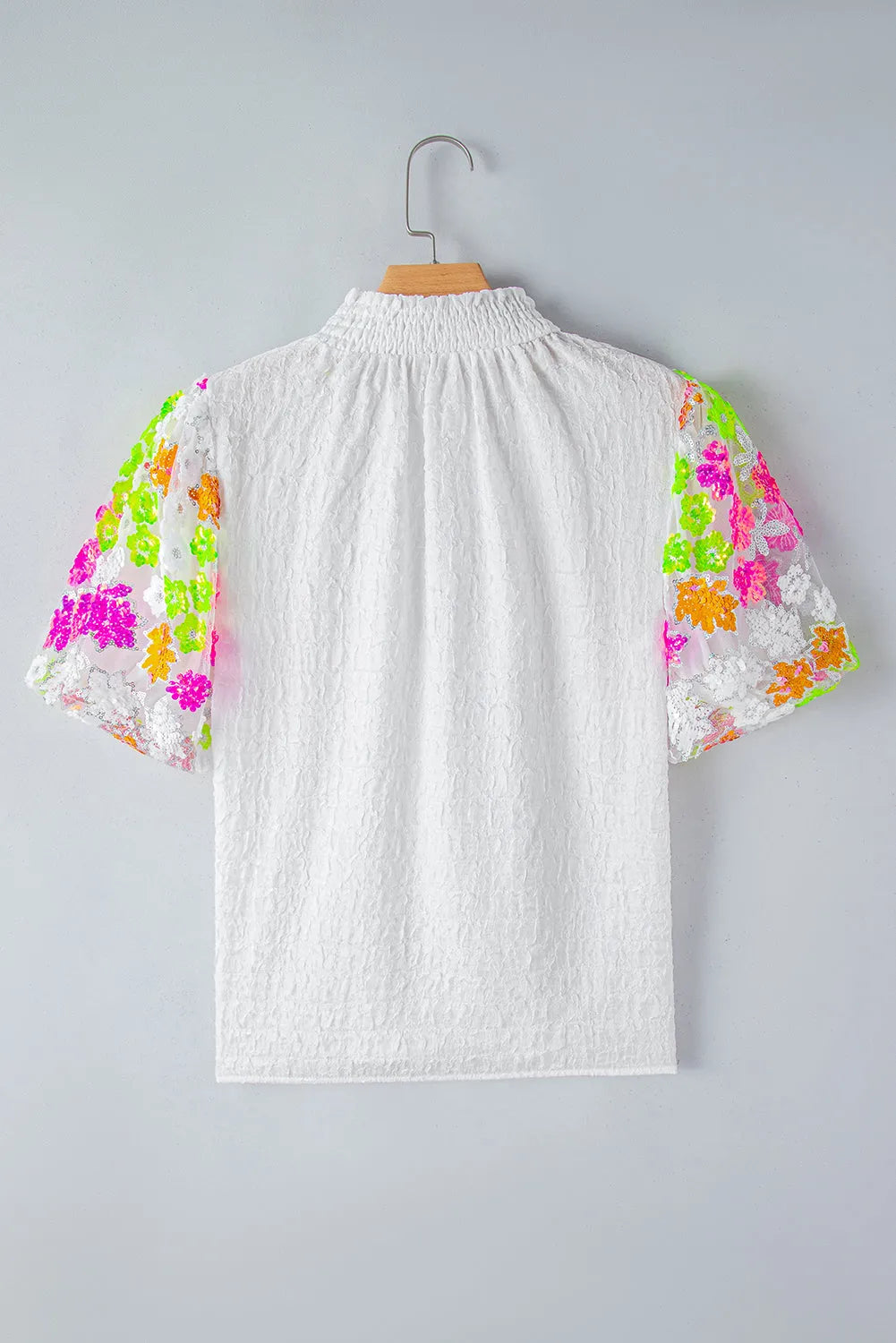 White Smocked Collar Sequin Flower Puff Sleeve Textured Top - Chic Meadow Boutique 