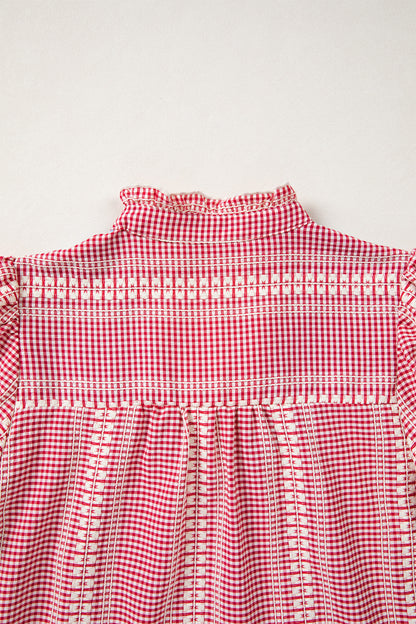 Red Western Pony Embroidered Yoke Puff Sleeve Gingham Blouse