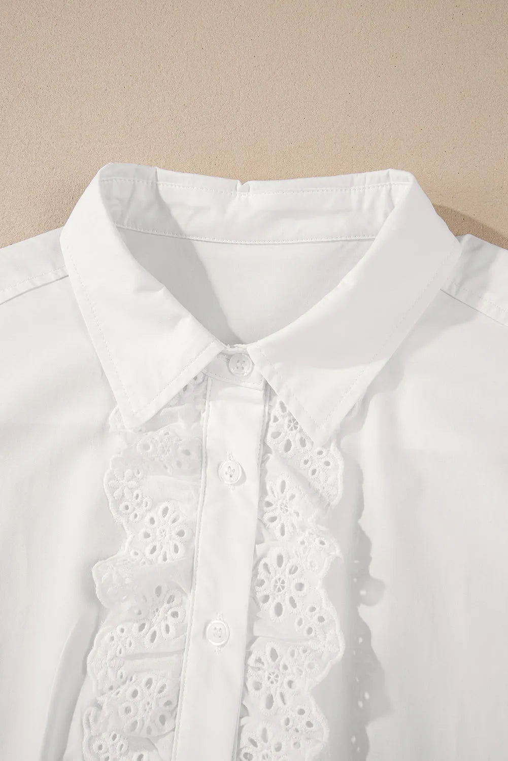 White Lace Crochet Trim Turn Down Collar Buttoned Shirt - Chic Meadow Boutique 