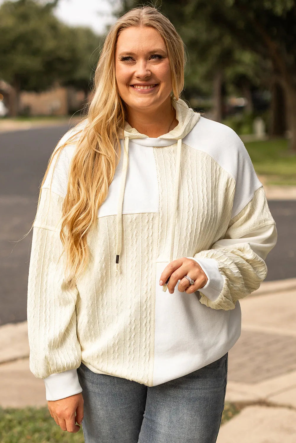 Beige Textured Patchwork Exposed Seam Plus Size Hoodie - Chic Meadow Boutique 