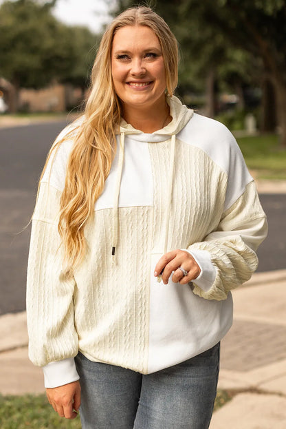 Beige Textured Patchwork Exposed Seam Plus Size Hoodie - Chic Meadow Boutique 