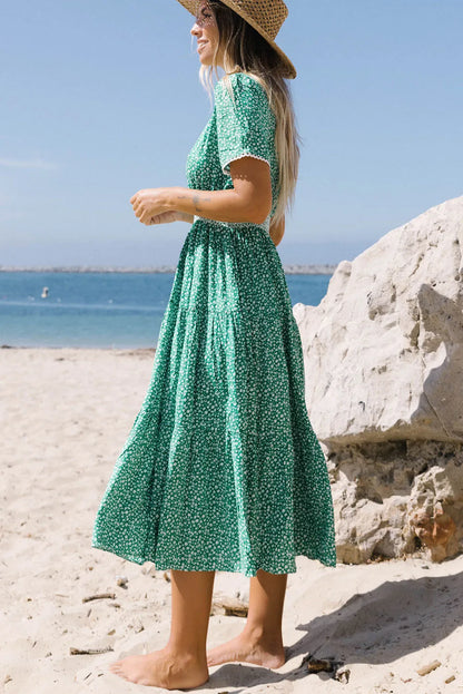 Green Floral Print Lace Splicing Flared High Waist Midi Dress - Chic Meadow Boutique 