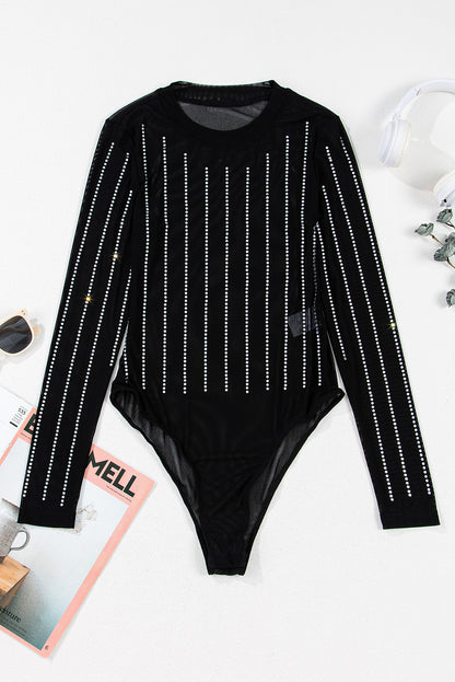 Black Rhinestone Decor Striped Mesh Long Sleeve Bodysuit