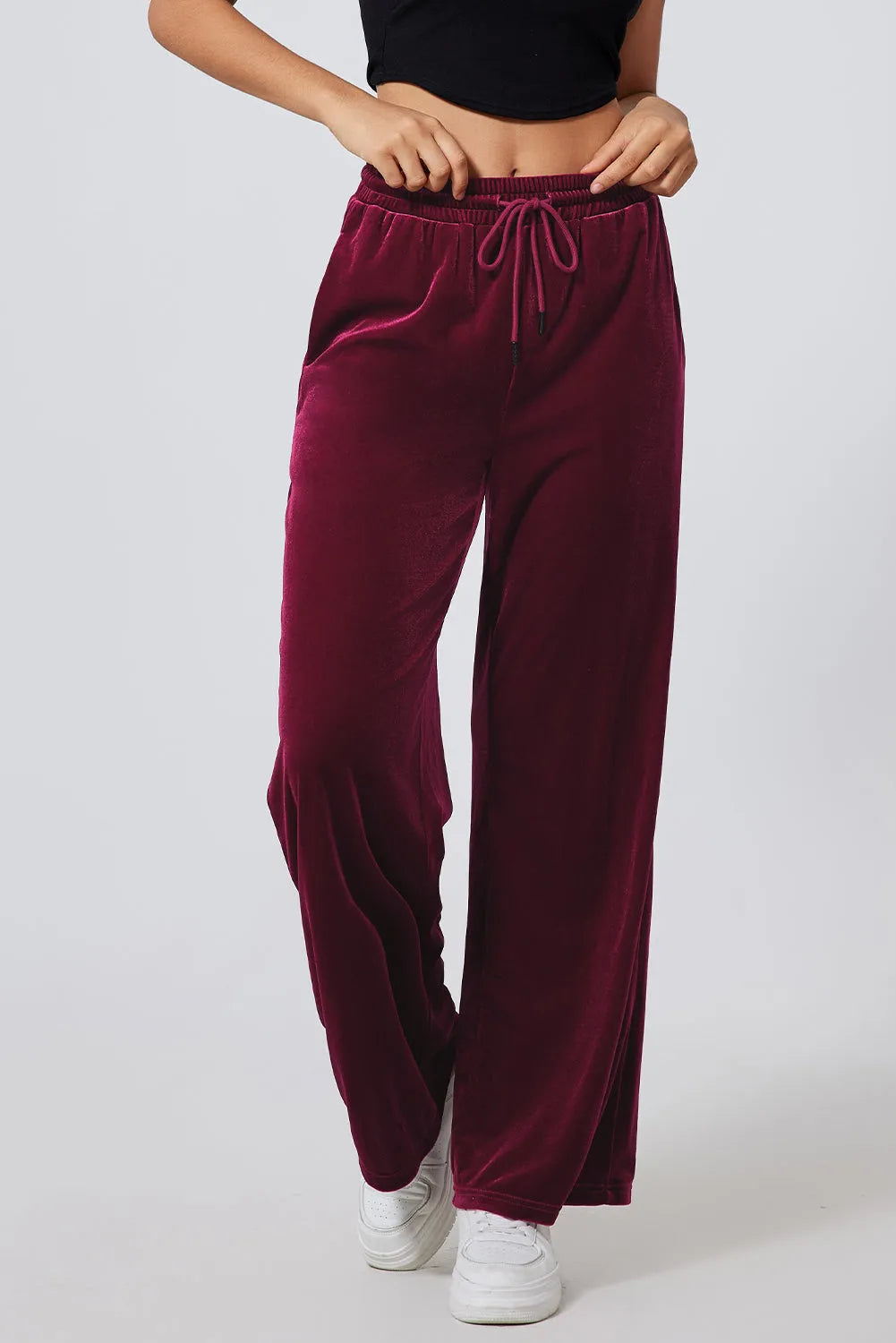 Burgundy Solid Drawstring Waist Wide Leg Pants - Chic Meadow Boutique 