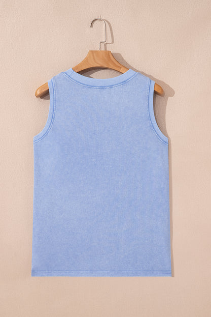 Beau Blue Mineral Wash Patched Chest Pocket Casual Tank Top