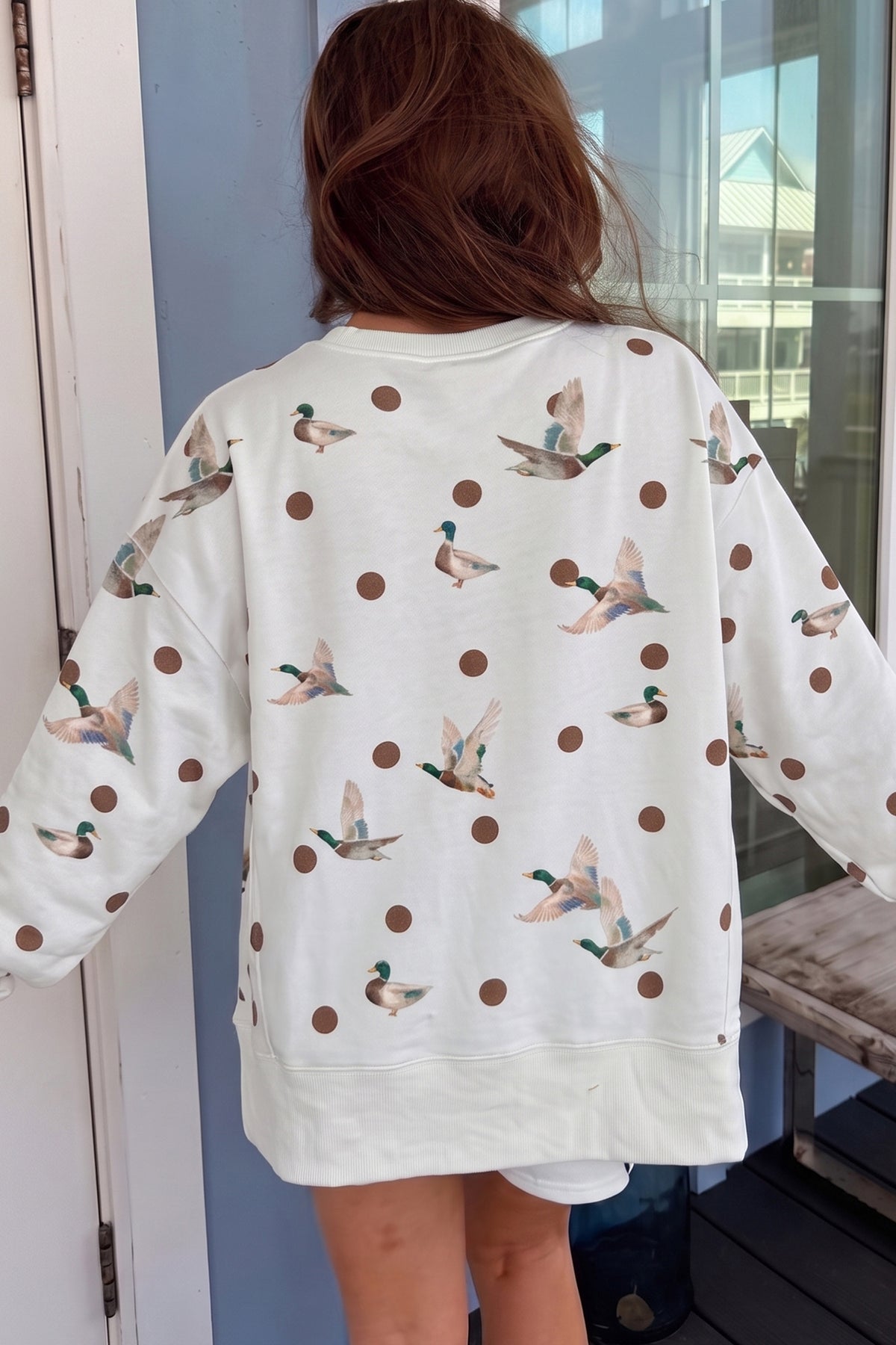 White Polka Dot Malard Print Oversized Pullover and Shorts 2pcs Set