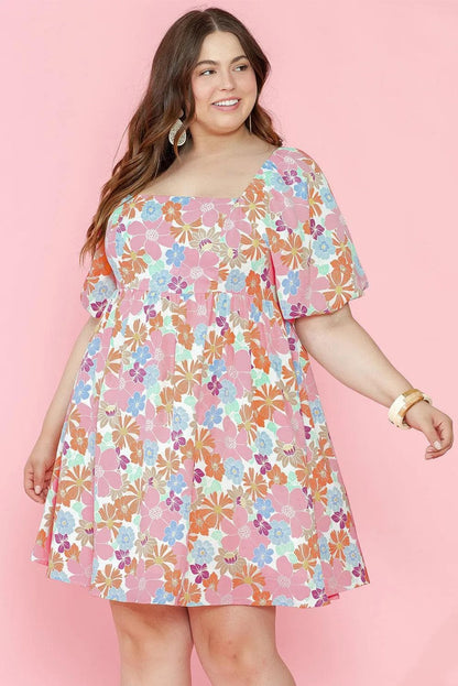 Plus Size/Plus Size Dresses/Plus Size Mini Dresses Multicolour Floral Puff Sleeve Square Neck Plus Babydoll Dress