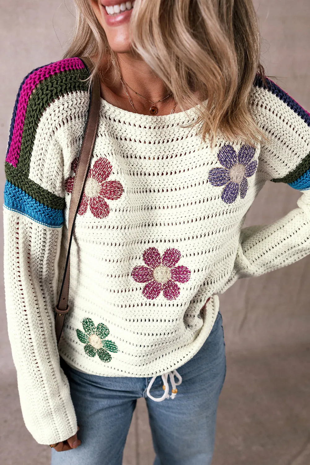 White Daisy Flower Pointelle Knit Sweater - Chic Meadow Boutique 