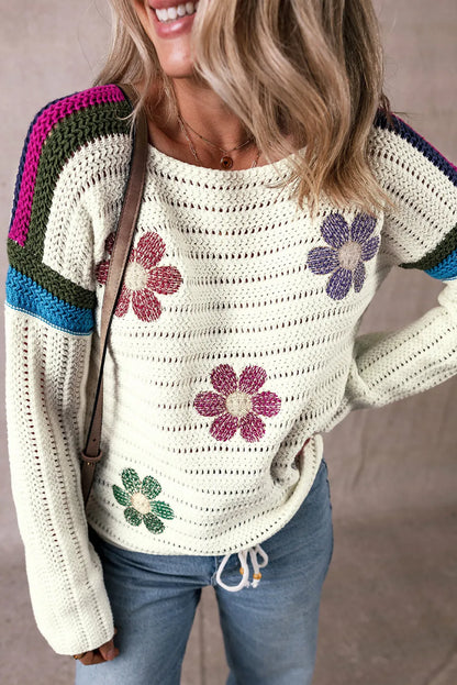 White Daisy Flower Pointelle Knit Sweater - Chic Meadow Boutique 