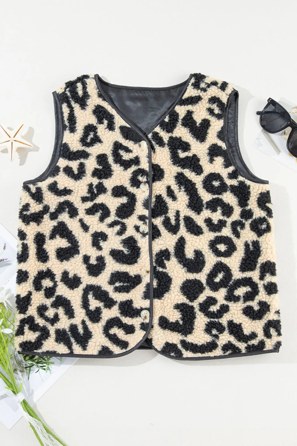 Black Leopard Print Sherpa Vest Coat - Chic Meadow Boutique 