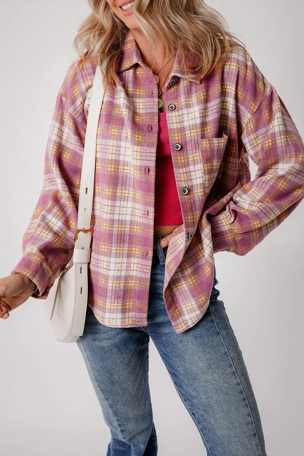 Pink Plaid Print Chest Pocket Long Sleeve Shacket - Chic Meadow Boutique 