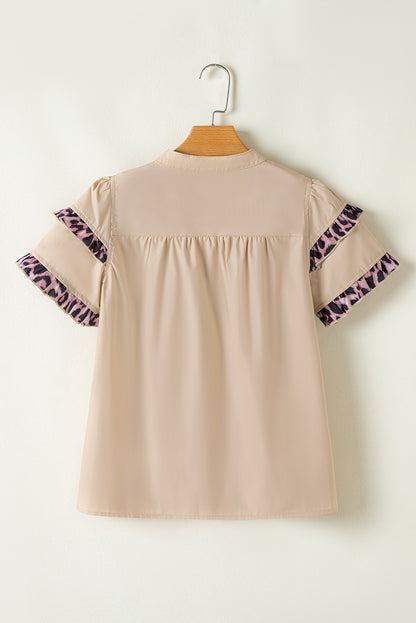 Smoke Gray Leopard Ruffles Trim Tiered Short Sleeve Blouse