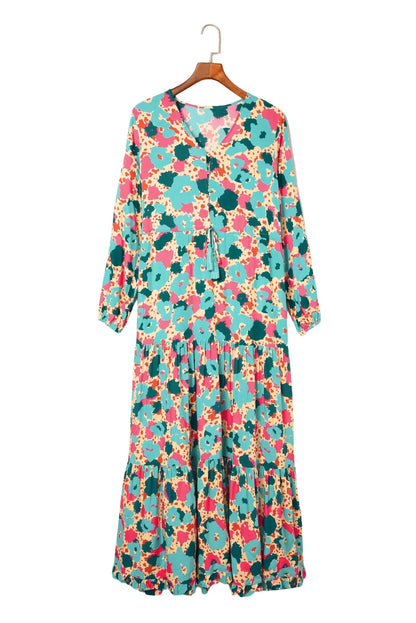 Multicolor Bohemia Print V Neck Ruffle Long Sleeve Maxi Dress - Chic Meadow Boutique 