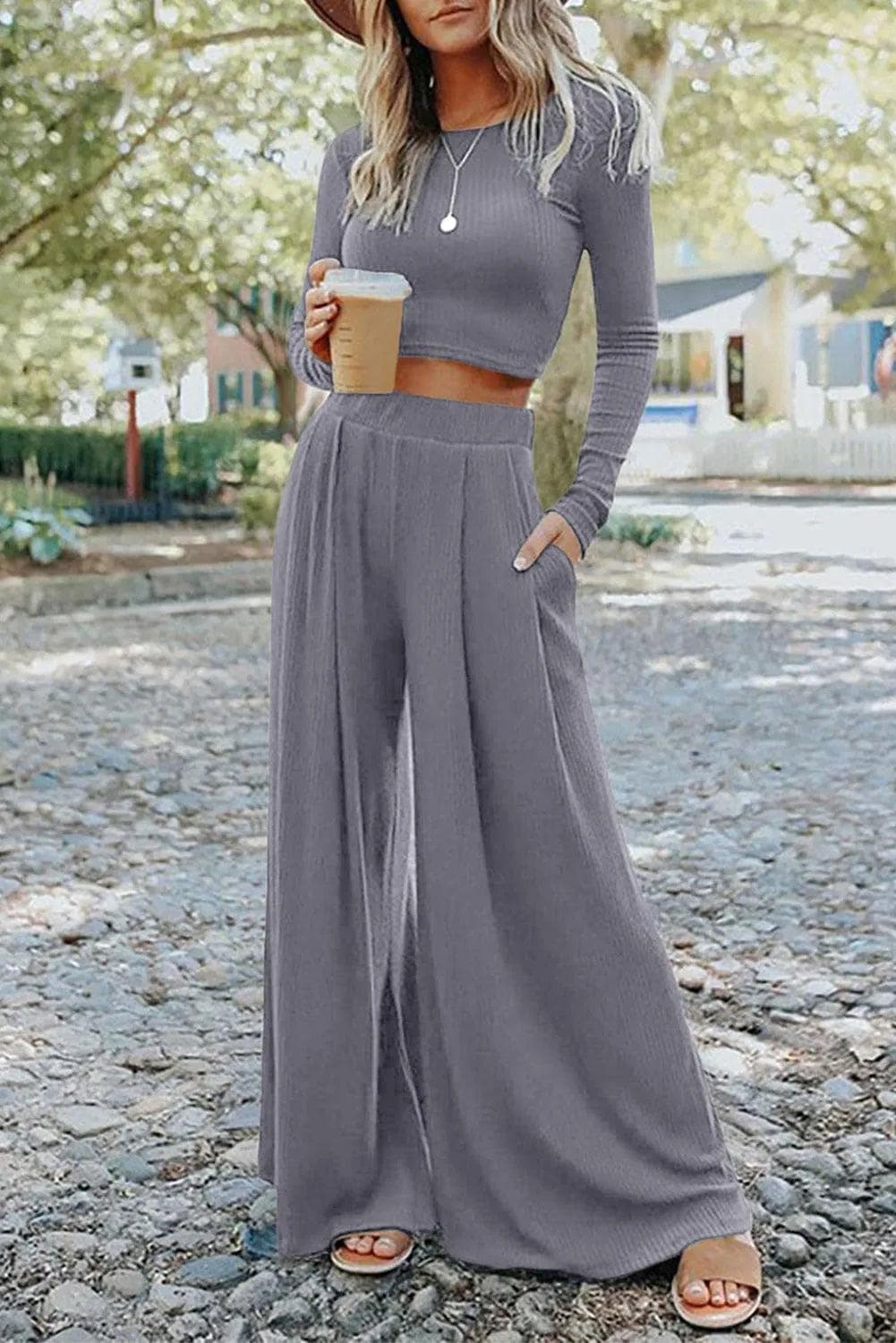 Two Piece Sets/Pant Sets Gray / S / 65%Polyester+25%Viscose+10%Elastane Gray Solid Color Ribbed Crop Top Long Pants Set