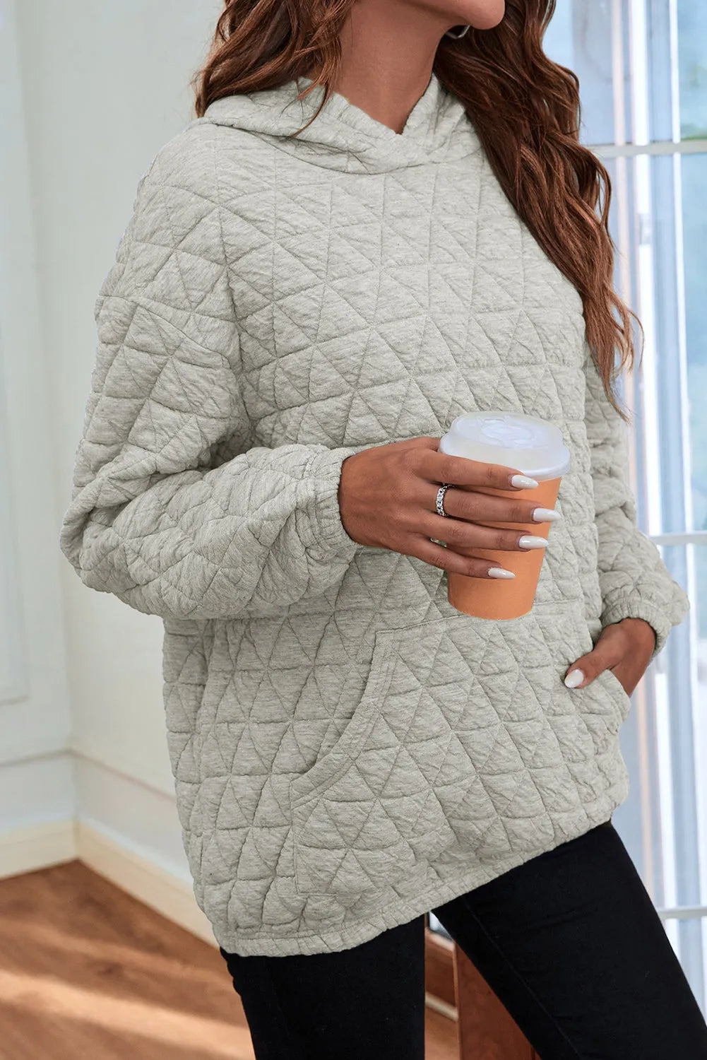 Light Grey Solid Color Quilted Kangaroo Pocket Hoodie - Chic Meadow Boutique 