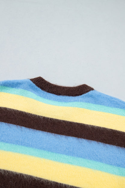 Multicolour Fuzzy Striped Knit Round Neck Casual Shift Sweater