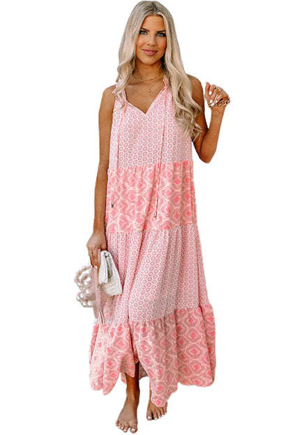 Pink Abstract Print Split Neck Sleeveless Maxi Dress - Chic Meadow Boutique 