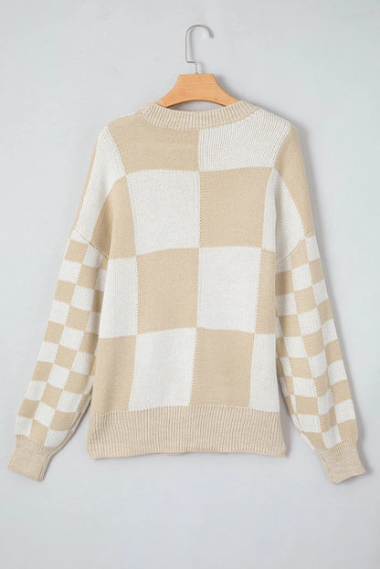 Flaxen Checkered Print Drop Shoulder Sweater - Chic Meadow Boutique 