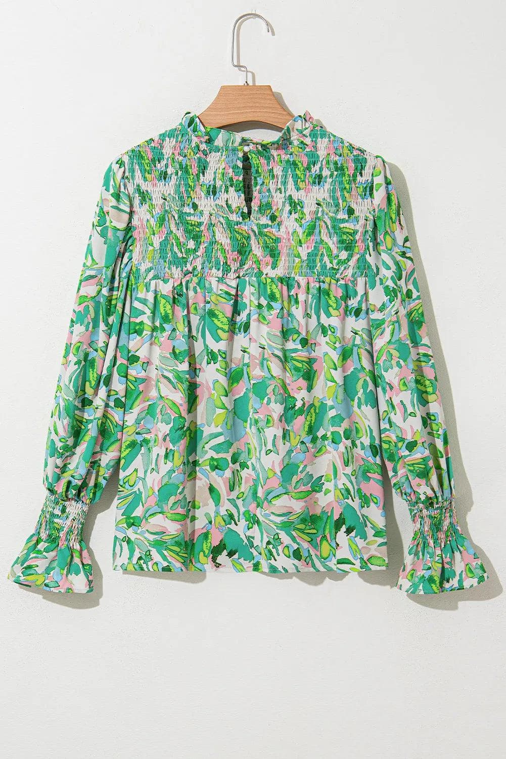 Tops/Blouses & Shirts Green Leafy Printed Flounce Sleeve Shirred Mock Neck Blouse