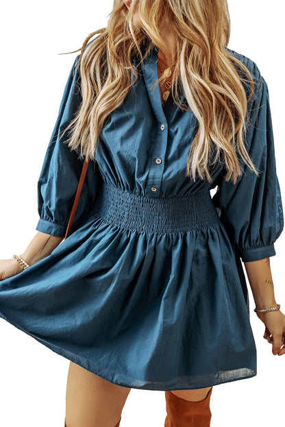 Prussian Blue 3/4 Sleeve Shirred High Waist Buttoned Mini Dress - Chic Meadow Boutique 