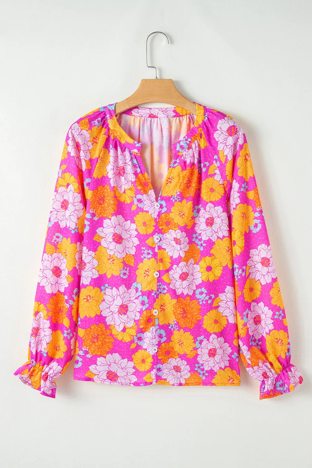 Rose Floral Print Flounce Sleeve Notched Neck Blouse - Chic Meadow Boutique 