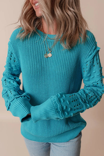 Turquoise Ruffled Eyelet Bubble Sleeve Sweater - Chic Meadow Boutique 