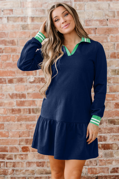 Navy Blue Contrast Striped Cuffs Polo Collar Patchwork Long Sleeve Ruffle Hem Mini Dress
