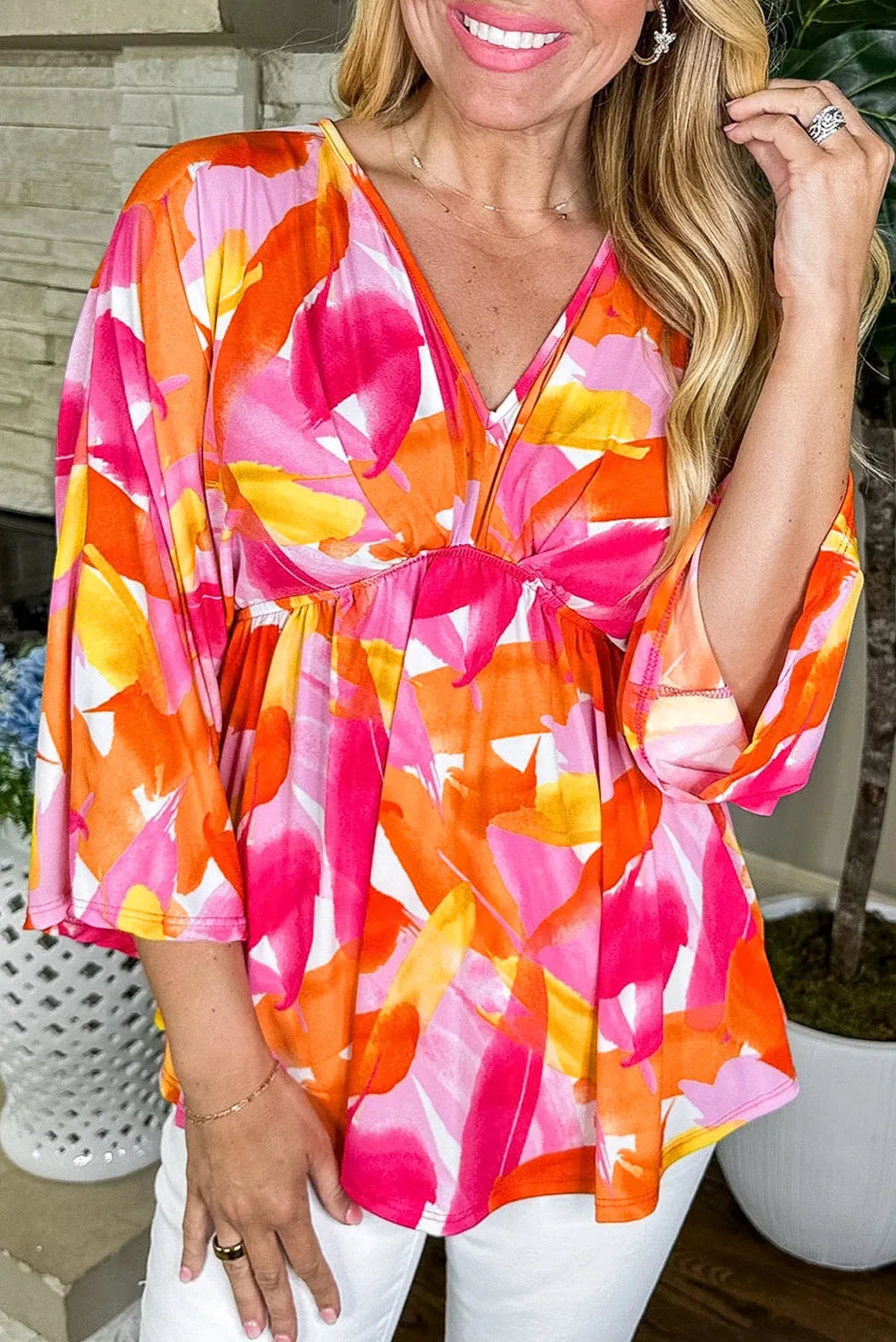 Orange Abstract Print 3/4 Sleeve V Neck Ruffled Babydoll Blouse - Chic Meadow Boutique 