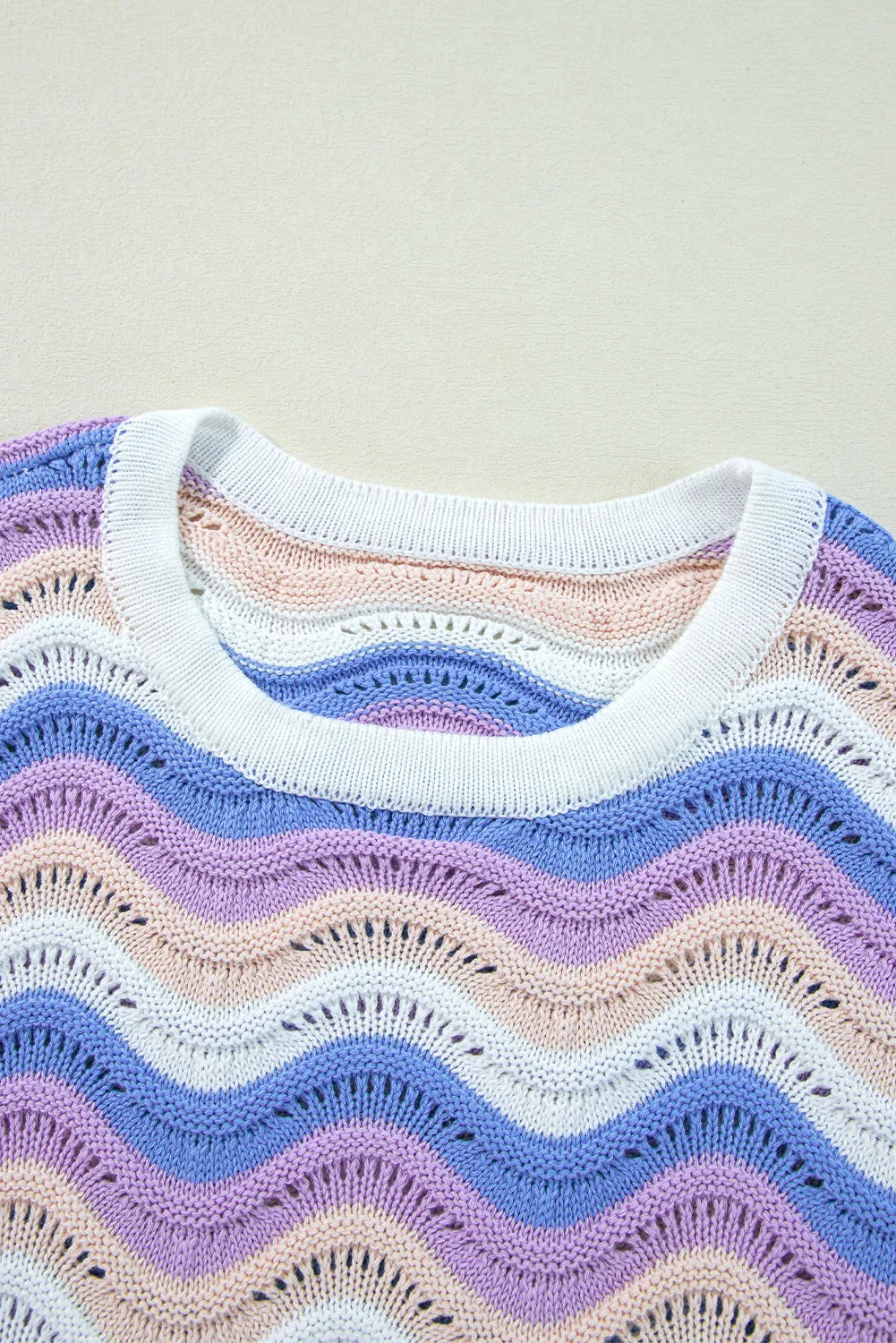 Purple Stripe Wavy Pointelle Knit Drop Shoulder Sweater - Chic Meadow Boutique 