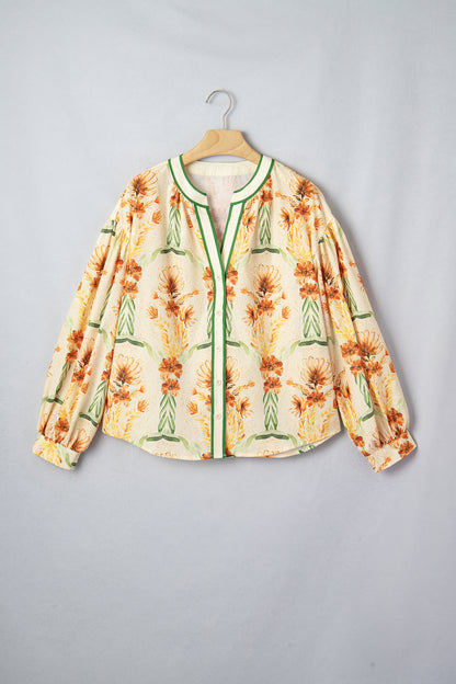 Yellow Floral Print V Neck Long Sleeve Shirt
