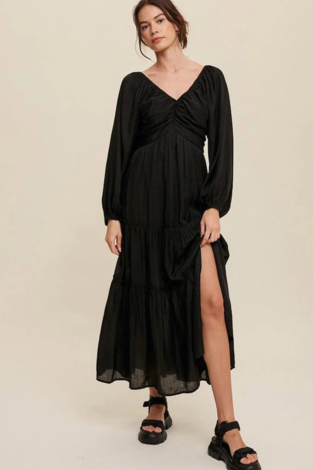 Black V Neck Bowknot Cutout Frill Tiered Maxi Dress - Chic Meadow Boutique 