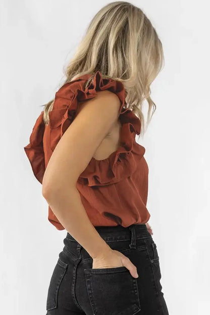 Red Sandalwood Ruffle Trim Sleeveless Blouse - Chic Meadow Boutique 