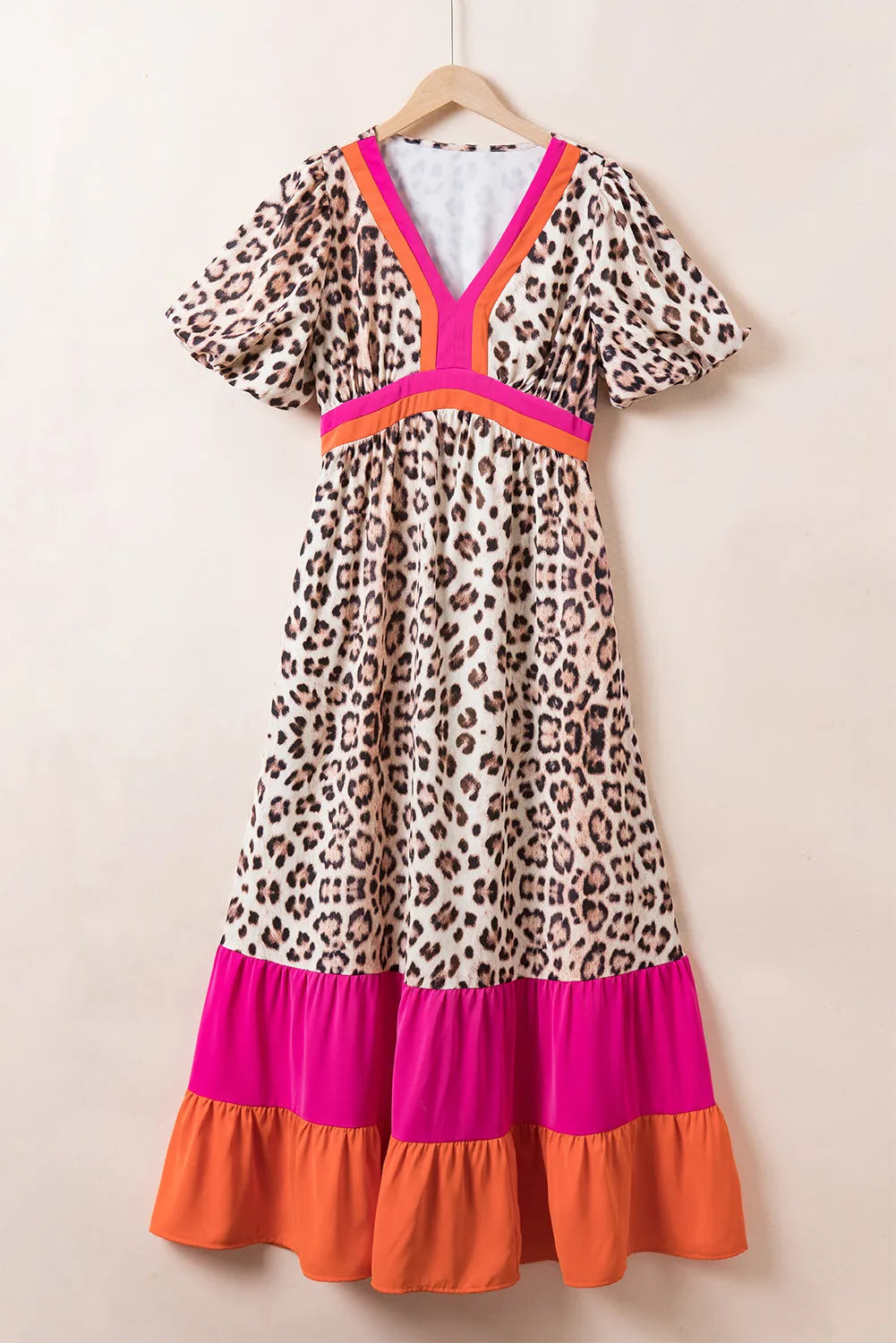 Bright Pink Leopard Colorblock Patchwork Bubble Sleeve Maxi Dress - Chic Meadow Boutique 