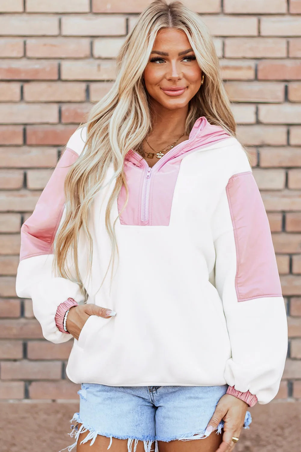 White Colorblock Patchwork Half Zip Oversized Sherpa Hoodie - Chic Meadow Boutique 