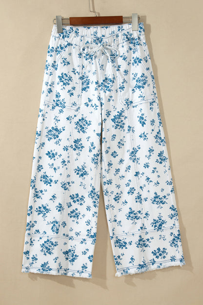 Sky Blue Floral Print Tie Waist Straight Leg Jeans