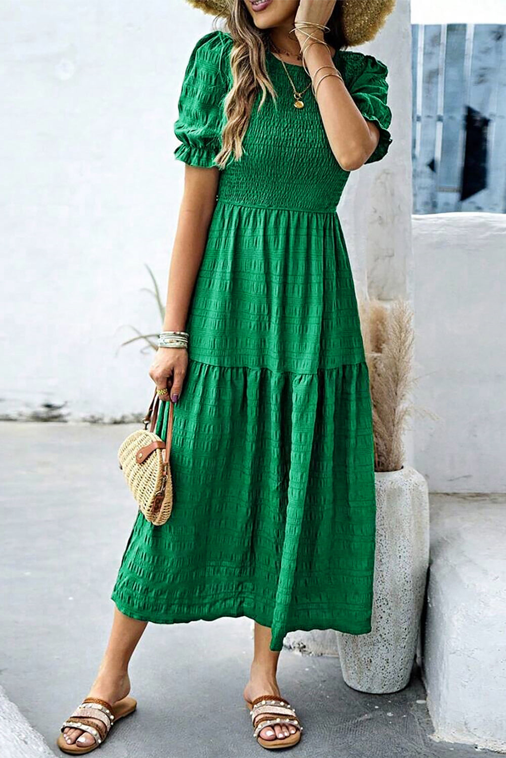 Dark Green Solid Textured Smocked Puff Short Sleeve High Waist Long Dress