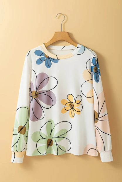 Beige Flower Print Crew Neck Long Sleeve T Shirt - Chic Meadow Boutique 