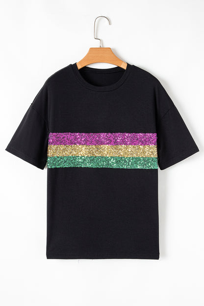 Black Sequin Stripes Patchwork Mardi Gras Crew Neck T Shirt