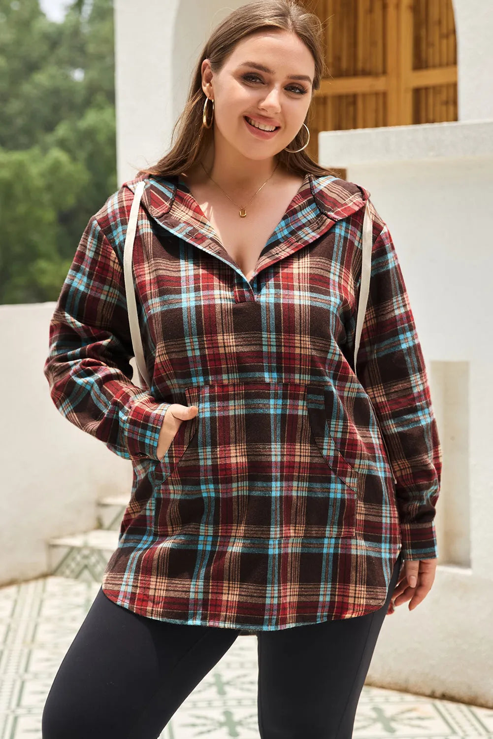 Fiery Red Plus Size Plaid Kangaroo Pocket Drawstring Hoodie - Chic Meadow Boutique 