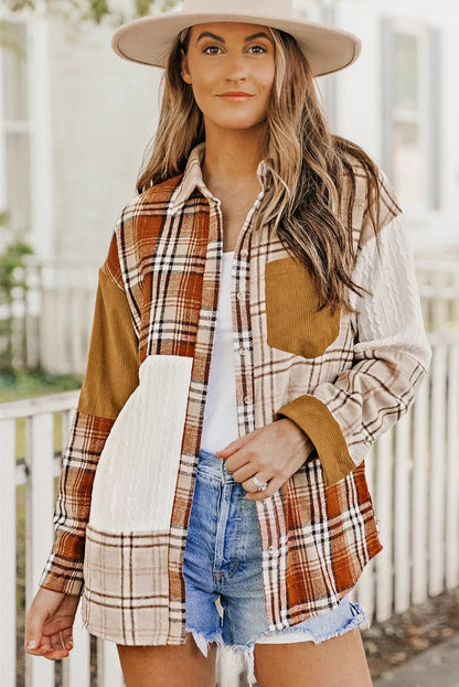 Orange Plaid Color Block Patchwork Shirt Jacket with Pocket - Chic Meadow Boutique 