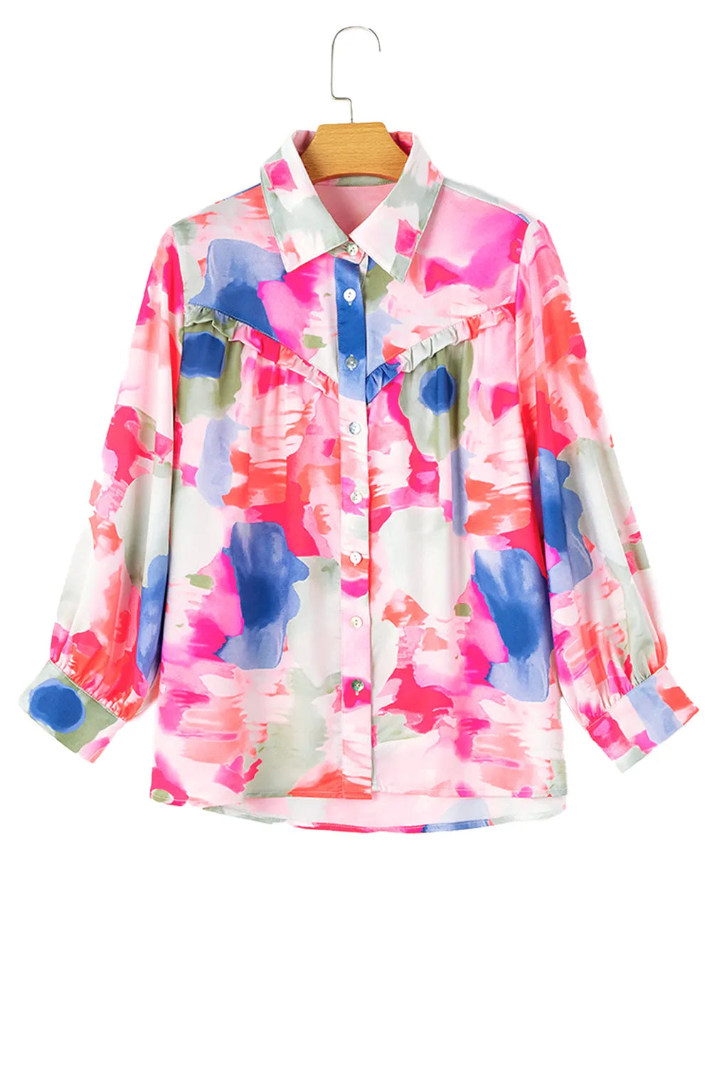 Multicolour Abstract Printed Lantern Sleeve Frilled Button Front Collared Shirt - Chic Meadow Boutique 