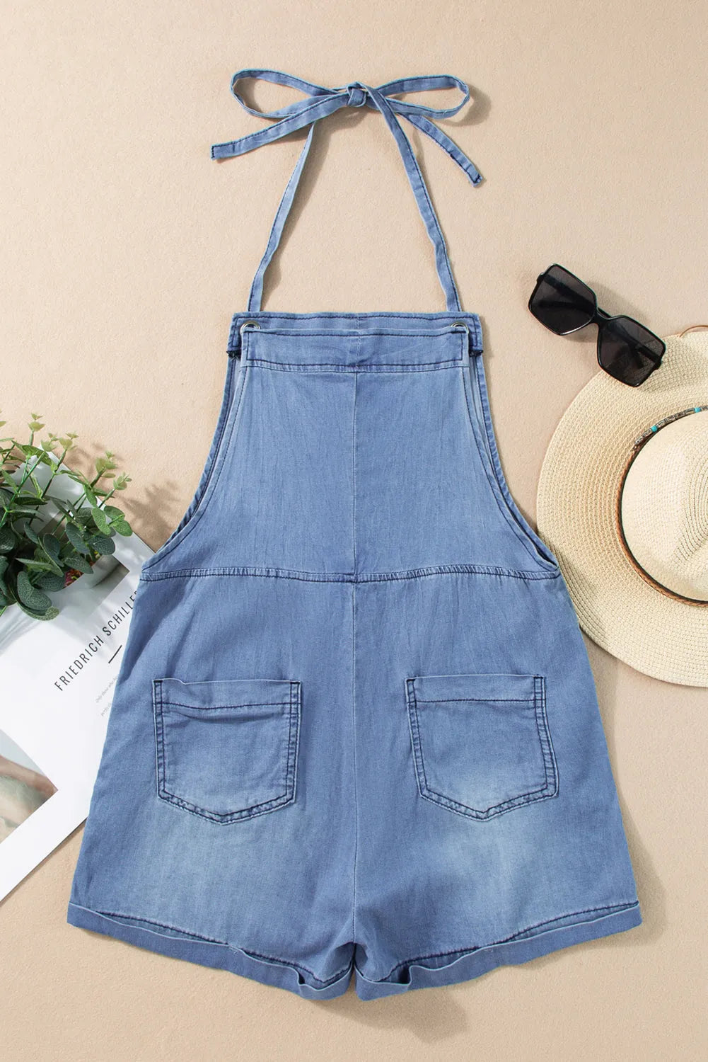 Light Blue Grommet Tie Straps Casual Denim Romper - Chic Meadow Boutique 