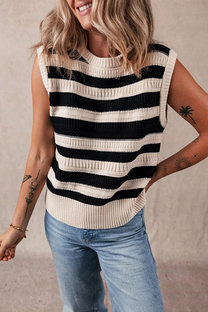 Black Stripe Ribbed Trim Knitted Sweater Vest - Chic Meadow Boutique 