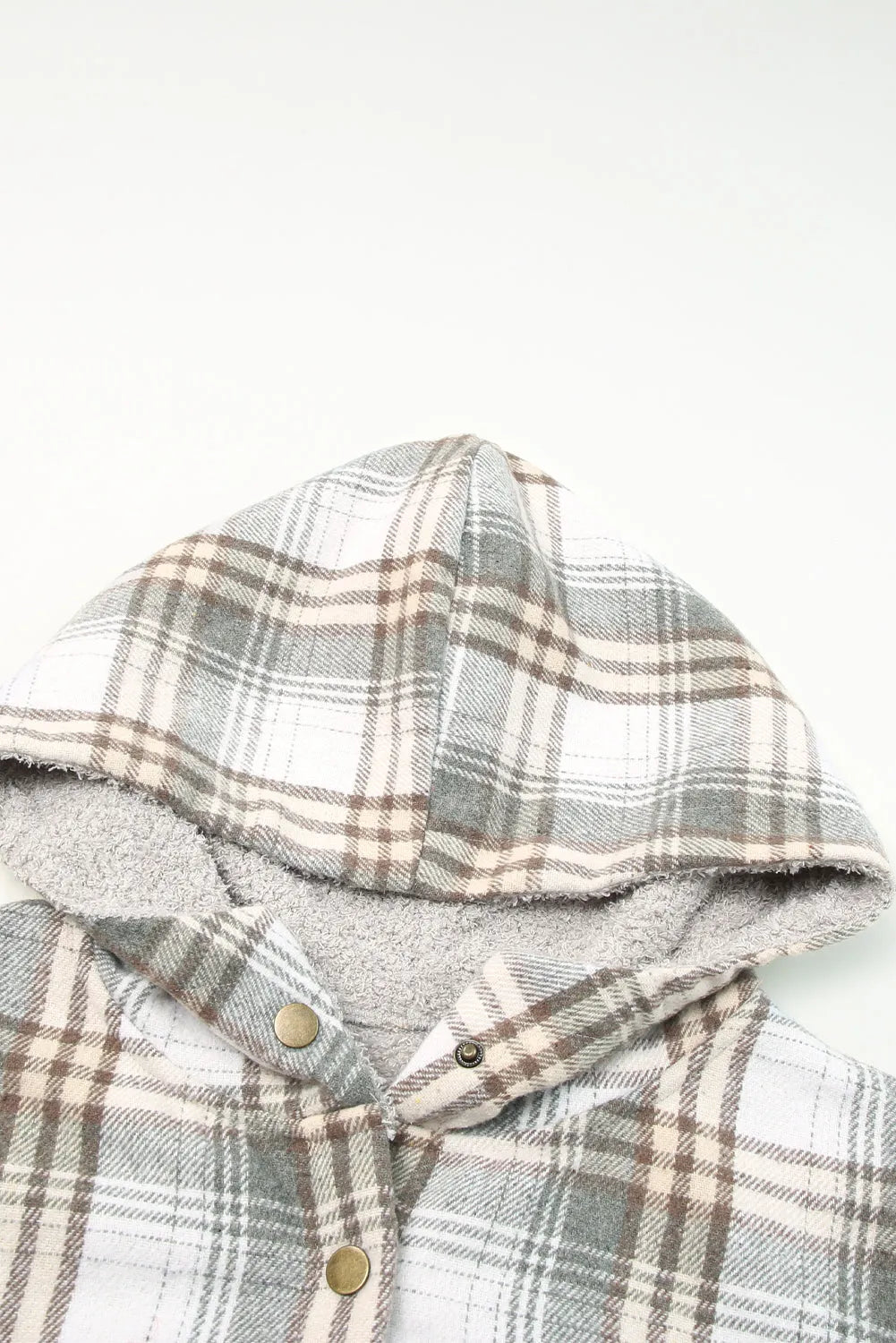 Gray Plaid Pattern Sherpa Lined Hooded Shacket - Chic Meadow Boutique 