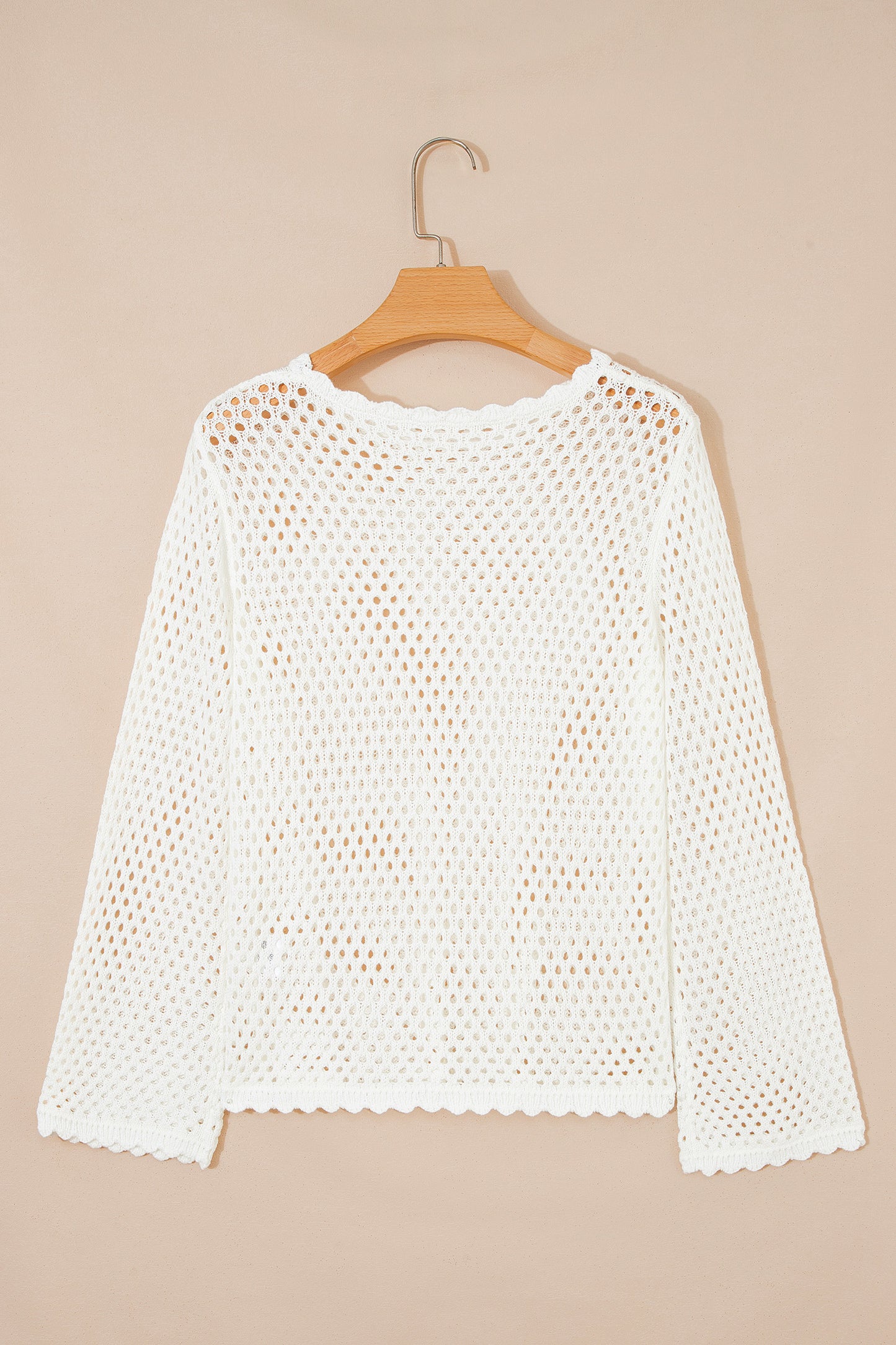 White Scalloped Trim Hollow Out Knit Long Sleeve Top