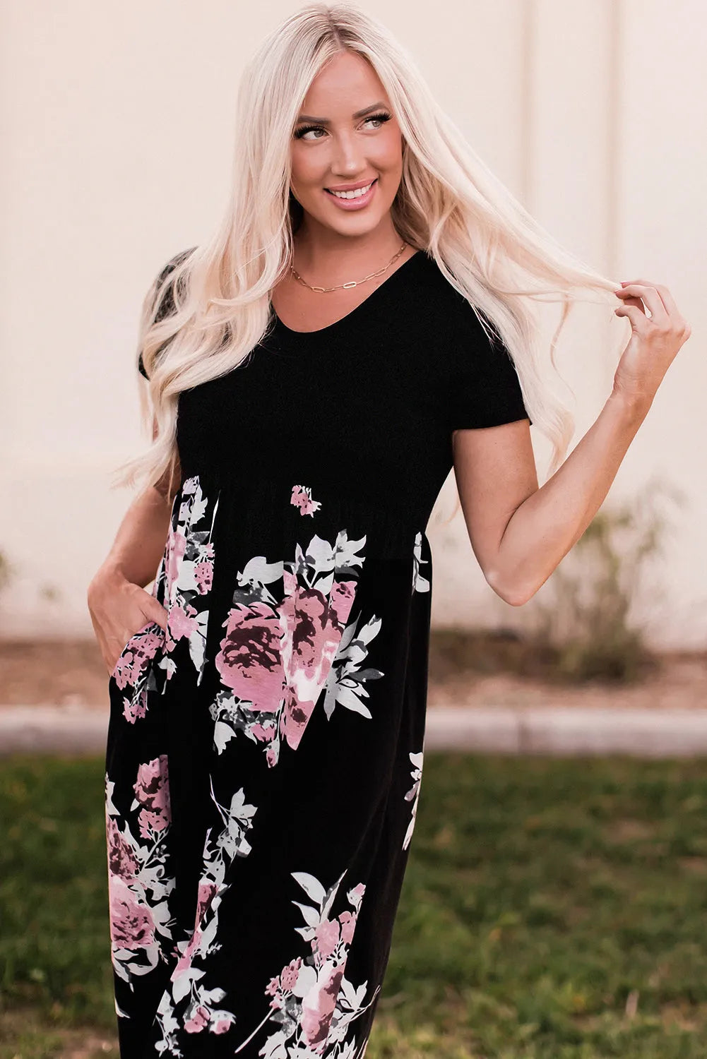 Black Contrast Floral Empire Waist Maxi Dress - Chic Meadow Boutique 