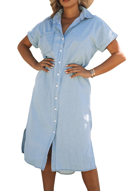 Sky Blue Chambray Shirt Short Sleeves Midi Dress - Chic Meadow Boutique 