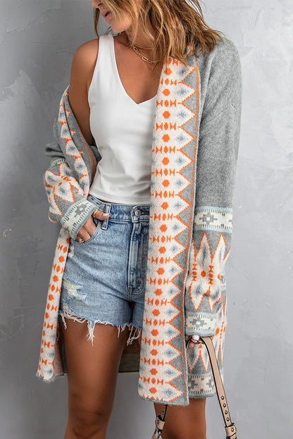 Gray Aztec Print Open Front Knitted Cardigan - Chic Meadow Boutique 