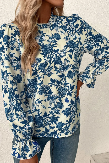 Sky Blue Floral Print Flounce Sleeve Keyhole Back Blouse - Chic Meadow Boutique 