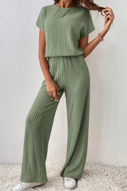 Grass Green Solid Color Ribbed Short Sleeve Wide Leg Jumpsuit - Chic Meadow Boutique 